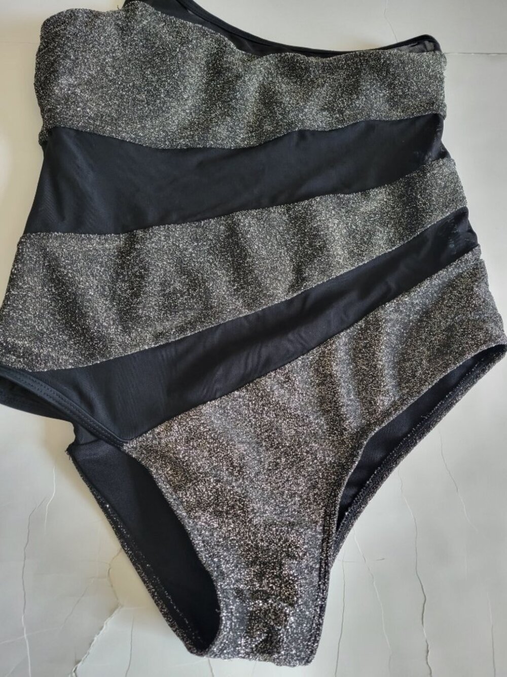 Coeur De Vague One Shoulder Silver Black Mesh 1 Piece Swim Suit Size L Beach - Picture 3 of 9